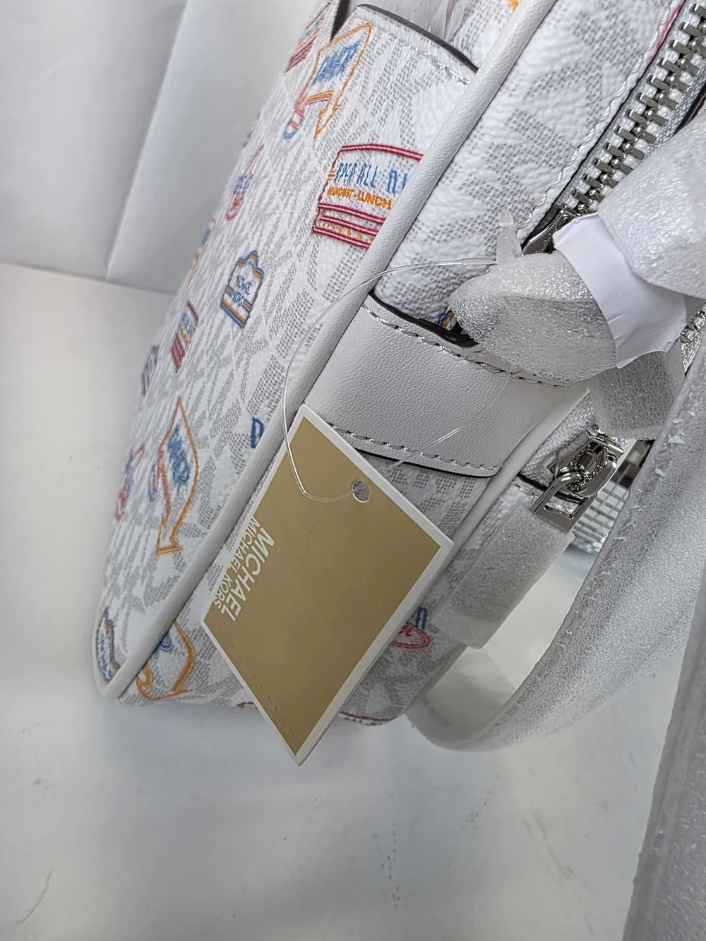 Michael Kors Jet Set Travel White Logo Crossbody Bag with Retro Medium Print NWT